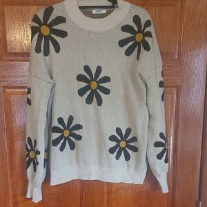 Womens Zeagoo Cream and Black Floral Daisy Sweater Size Large